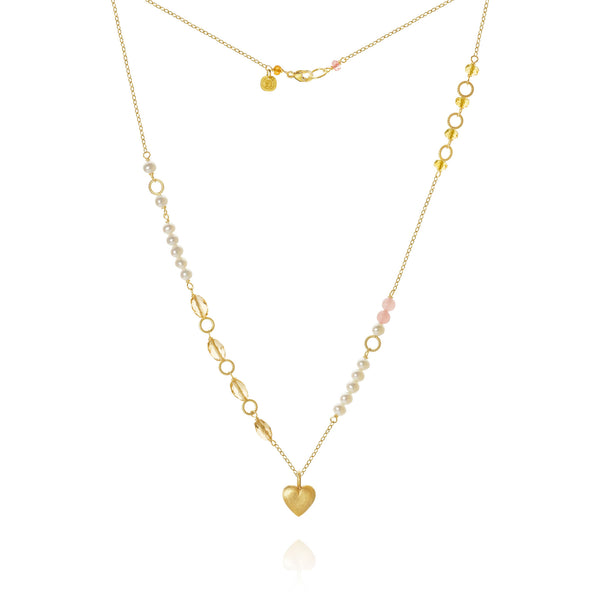 Piccolo Mellow Heart 18K Gold Necklace, 43 cm w. Pearl, Quartz & Sapphire