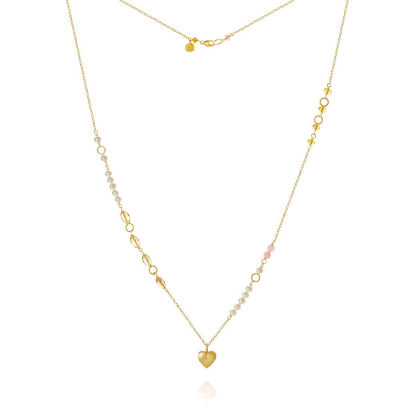 Piccolo Mellow Heart Goldkette aus 18K I 62cm I Perle, Quartz und Saphir