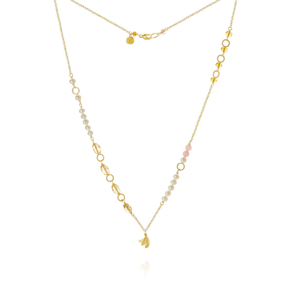 Piccolo Mellow Aura Goldkette aus 18K I 43cm I Perle, Quartz und Saphir