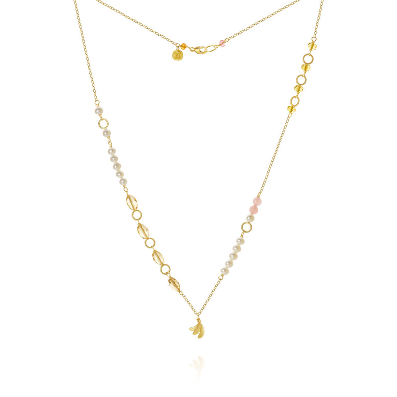 Piccolo Mellow Aura 18K Gold Necklace, 43 cm w. Pearl, Quartz & Sapphire
