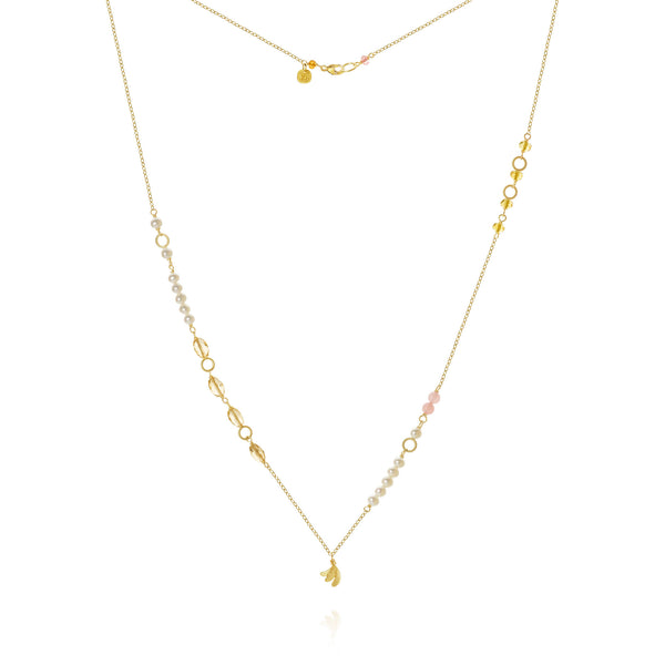 Piccolo Mellow Aura Goldkette aus 18K I 62cm I Perle, Quartz und Saphir