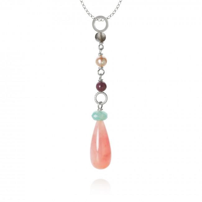Piccolo DaybreakDrop Silver Pendant w. Quartz, Ruby, Amazonite, Moonstone & Pearl