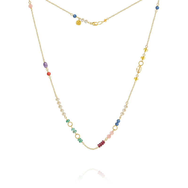 Piccolo Bloom 18K Gold Necklace, 43 cm w. Emerald, Ruby, Quartz, Kyanite, Pearl, Citrin, Coral & Amethyst