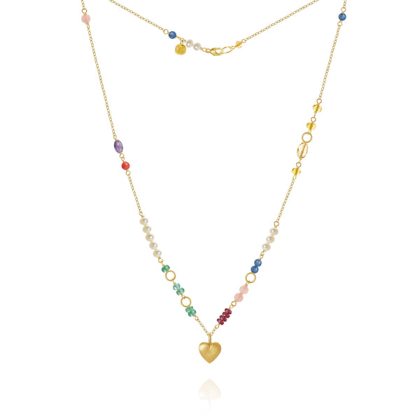 Piccolo Bloom Heart Goldkette aus 18K I 43cm I Smaragd, Rubin, Quartz, Kyanit, Perle, Citrin, Koralle & Amethyst