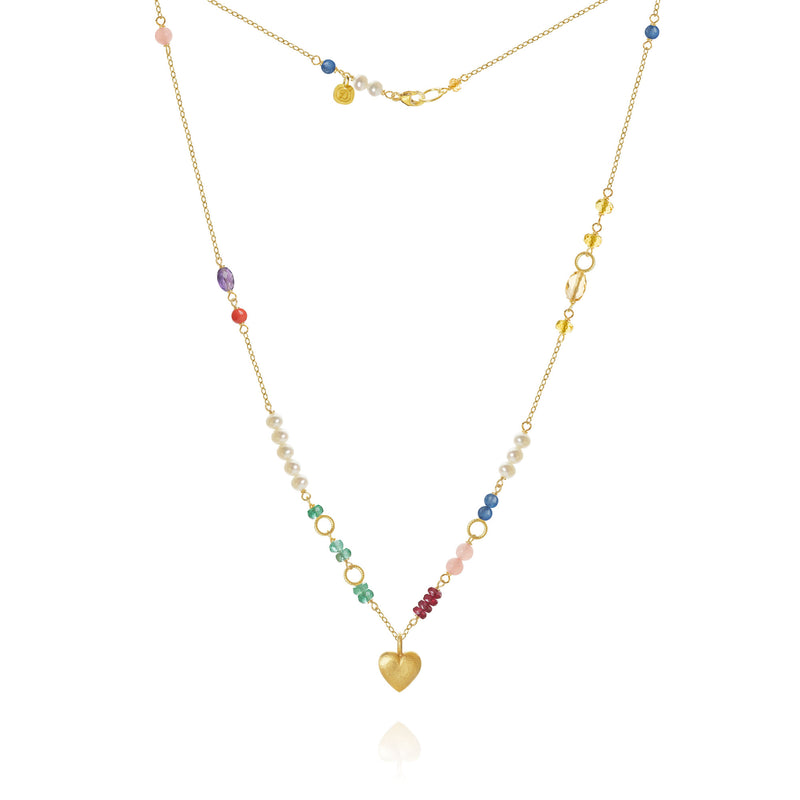Piccolo Bloom Heart 18K Gold Necklace, 43 cm w. Emerald, Ruby, Quartz, Kyanite, Pearl, Citrin, Coral & Amethyst