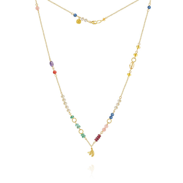 Piccolo Bloom Leaf 18K Gold Necklace, 43 cm w. Emerald, Ruby, Quartz, Kyanite, Pearl, Citrin, Coral & Amethyst