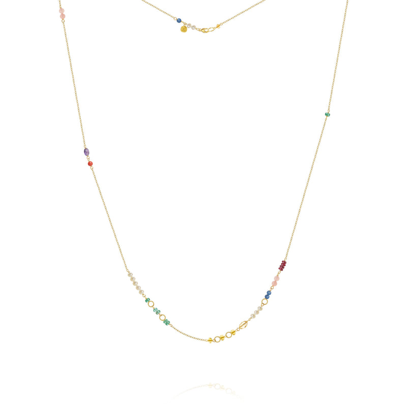 Piccolo Bloom 18K Gold Necklace, 62 cm w. Emerald, Ruby, Quartz, Kyanite, Pearl, Citrin, Coral & Amethyst