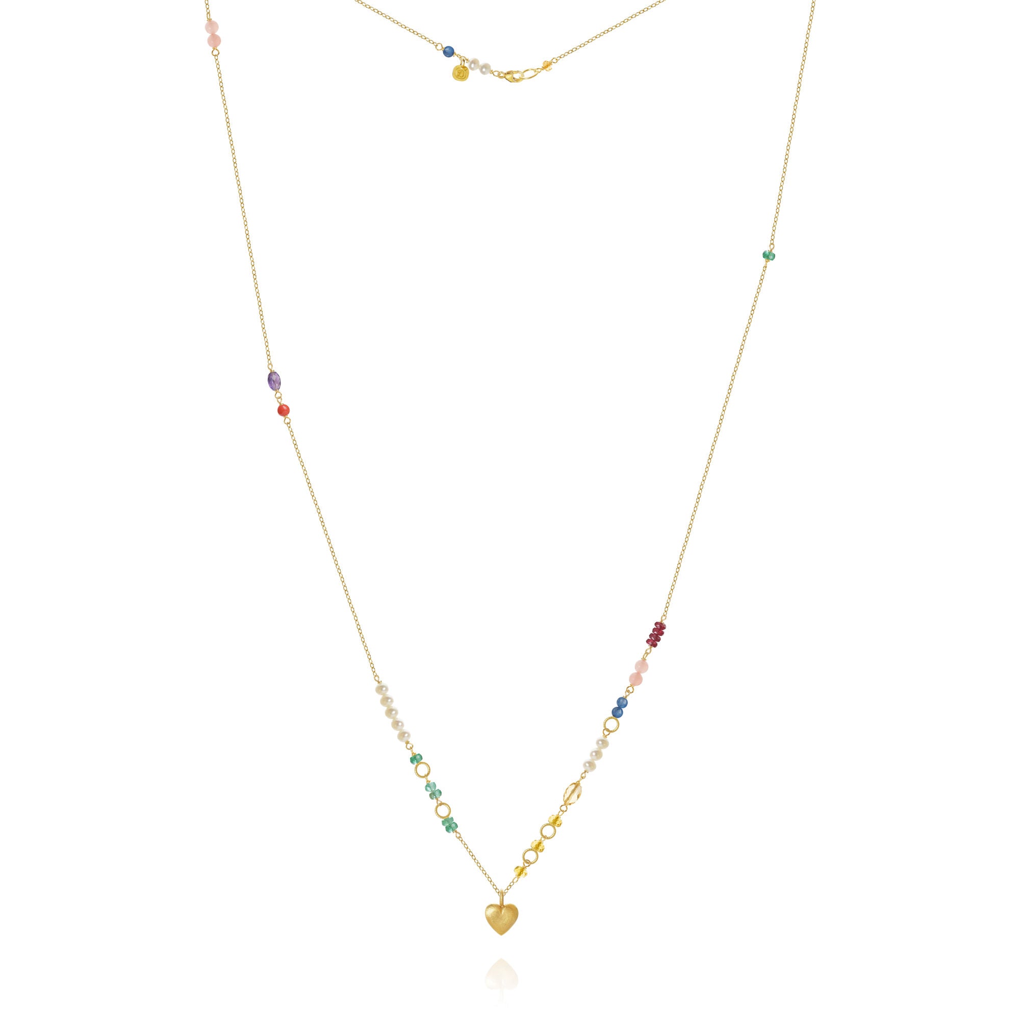 Piccolo Bloom Heart 18K Gold Necklace, 62 cm w. Emerald, Ruby, Quartz, Kyanite, Pearl, Citrin, Coral & Amethyst