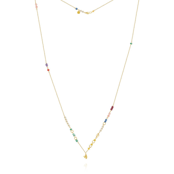 Piccolo Bloom Leaf 18K Gold Necklace, 62 cm w. Emerald, Ruby, Quartz, Kyanite, Pearl, Citrin, Coral & Amethyst