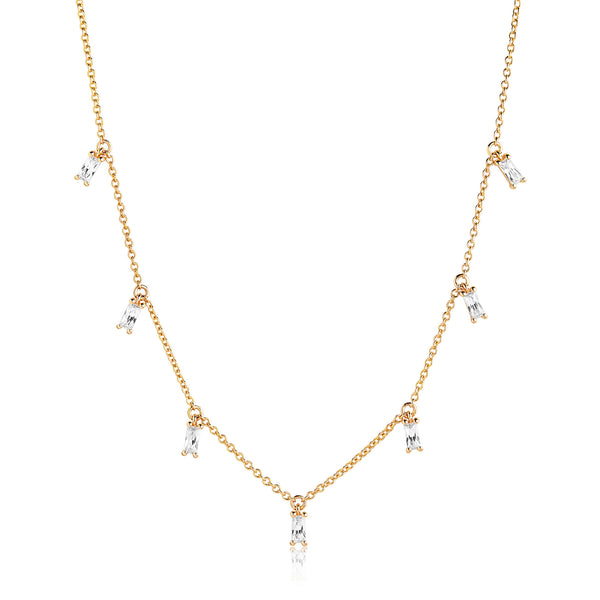 Princess Baquette Gold Plated Necklace w. White Zirconias