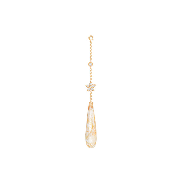 Shooting Stars Hanging 18K Gold Earring-pendant w. Diamonds & Rutile Quartz
