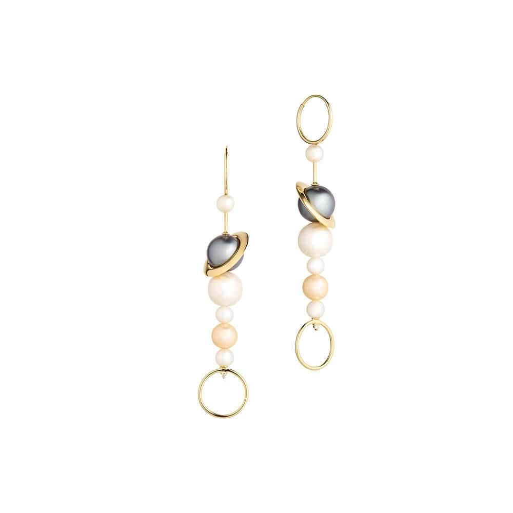 Cosmo Axis 18K Gold Earrings w. Pearl & Diamond
