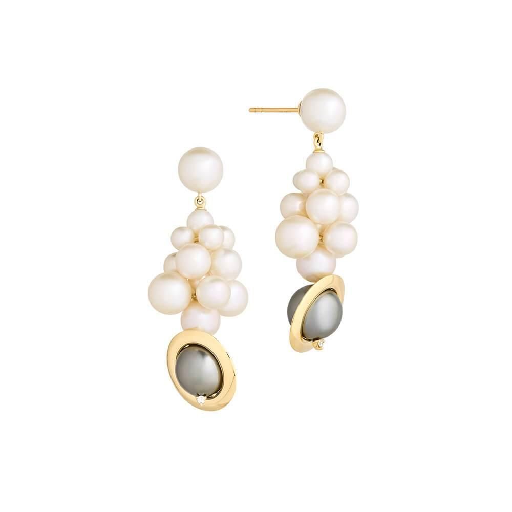 Cosmo Cloud 18K Gold Earrings w. Pearl & Diamond