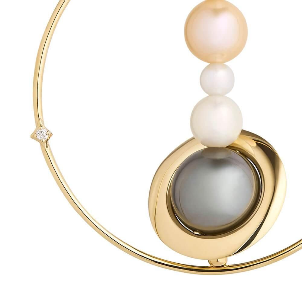 Cosmo Solar System 18K Gold Hoops w. Pearl & Diamond
