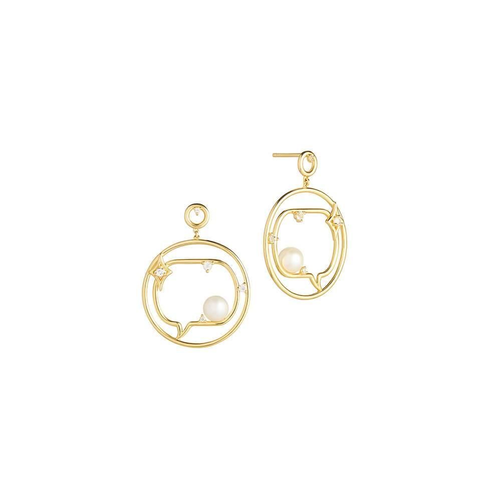 Cosmo Spaceman 18K Gold Plated Hoops w. Zirconia & Pearl