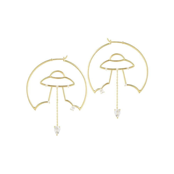 Cosmo Spaceship 18K Gold Plated Hoops w. Zirconia