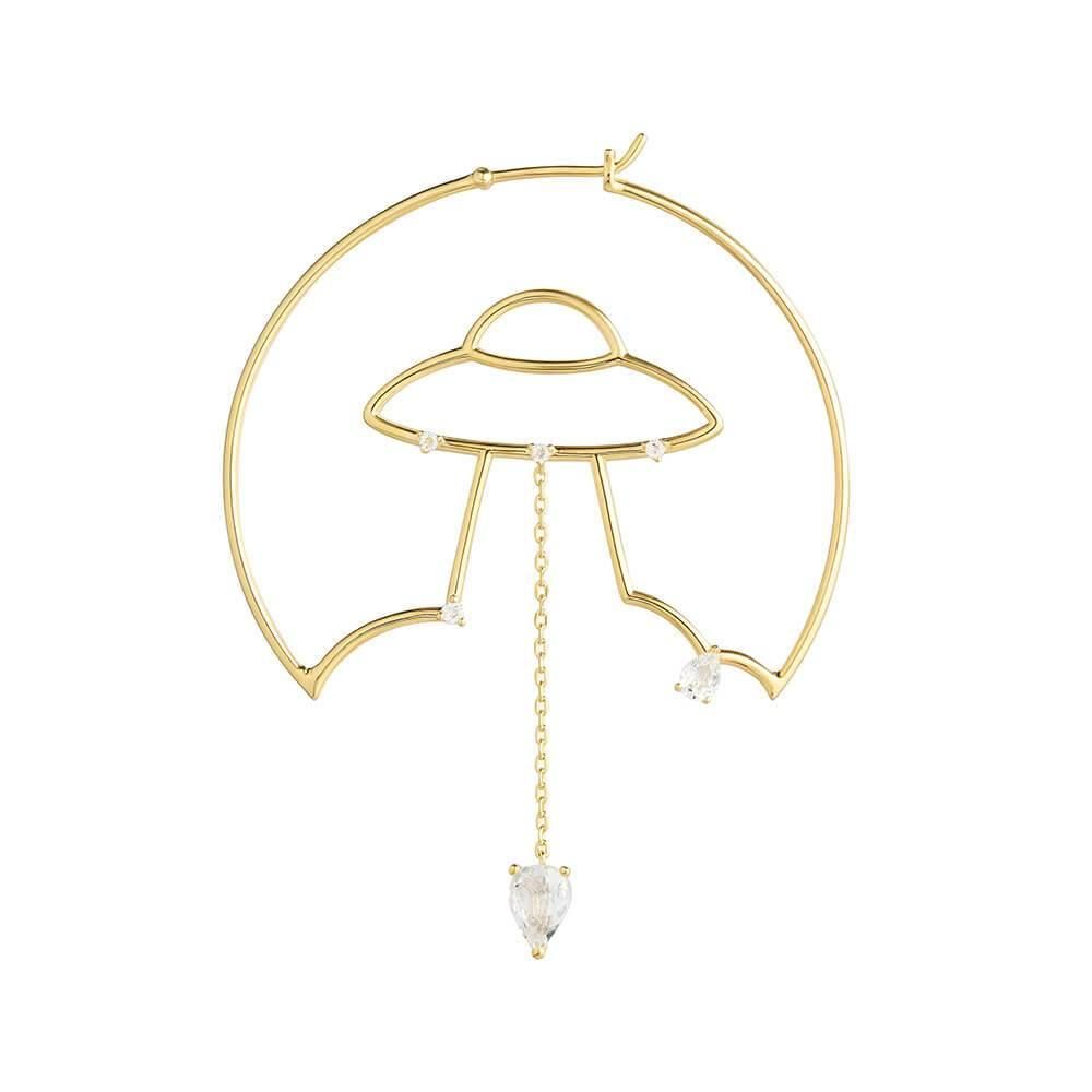 Cosmo Spaceship 18K Gold Plated Hoops w. Zirconia