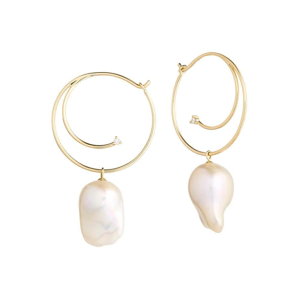Cosmo Vortex 18K Gold Hoops w. Pearl & Diamond