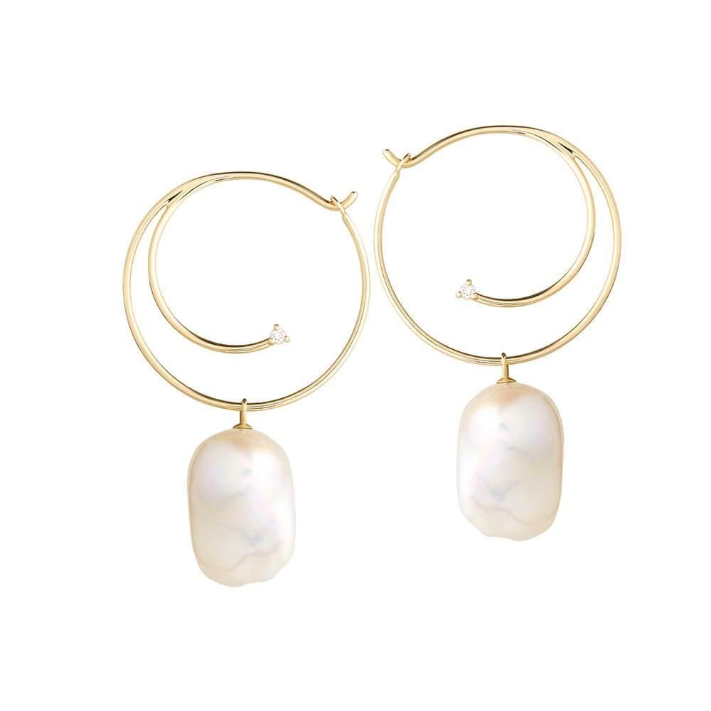 Cosmo Vortex 18K Gold Hoops w. Pearl & Diamond