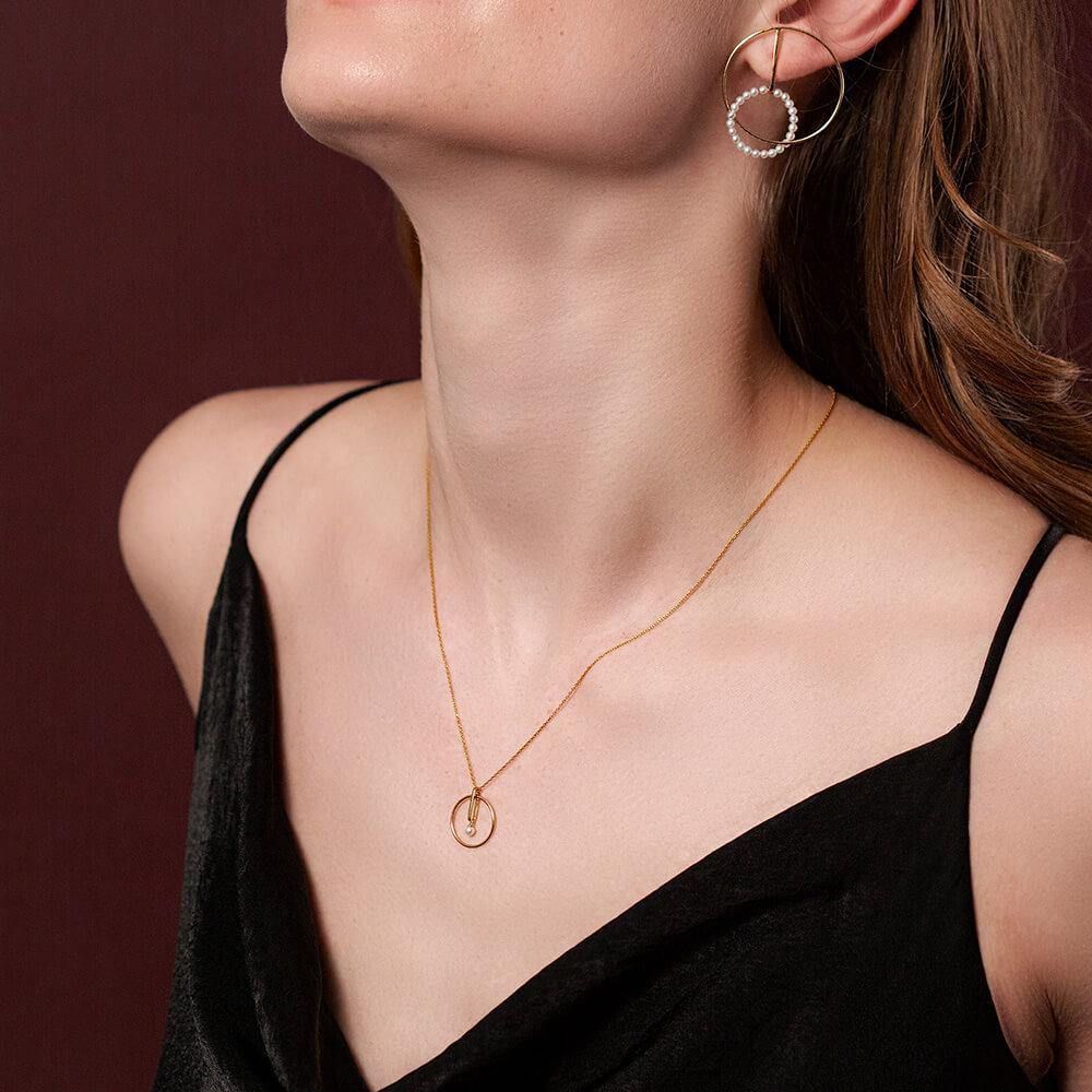 Astra Moon 18K Guld Halskæde m. Perle & Diamant