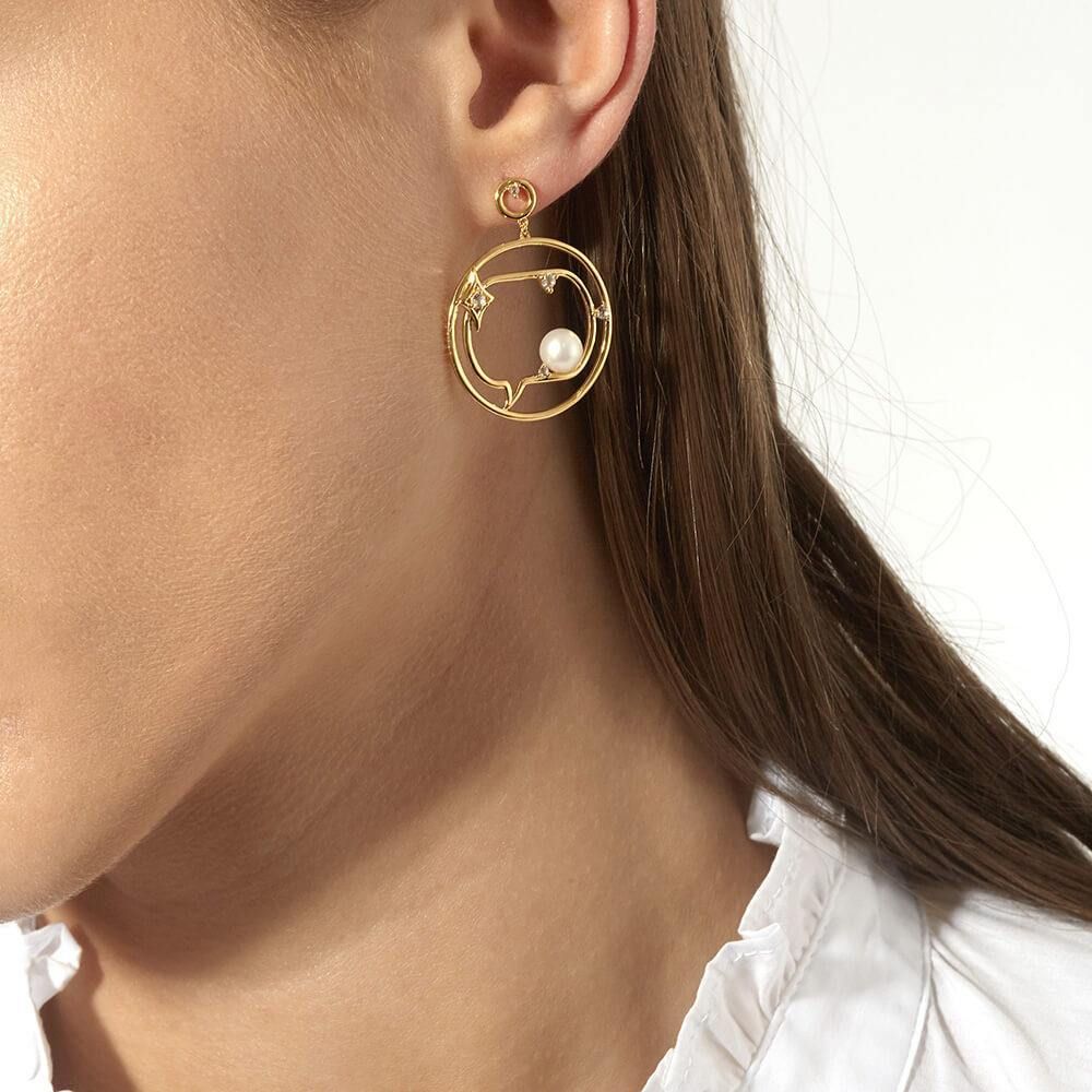 Cosmo Spaceman 18K Gold Plated Hoops w. Zirconia & Pearl