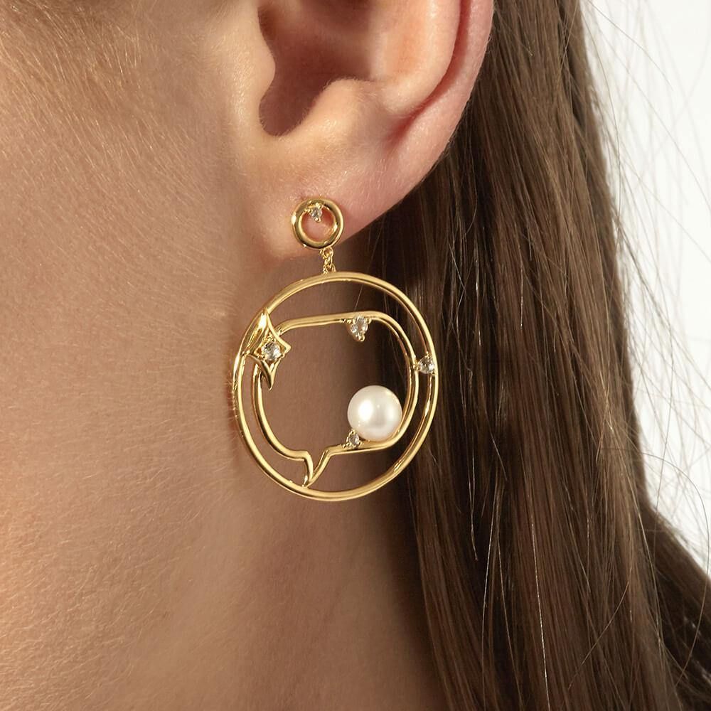 Cosmo Spaceman 18K Gold Plated Hoops w. Zirconia & Pearl