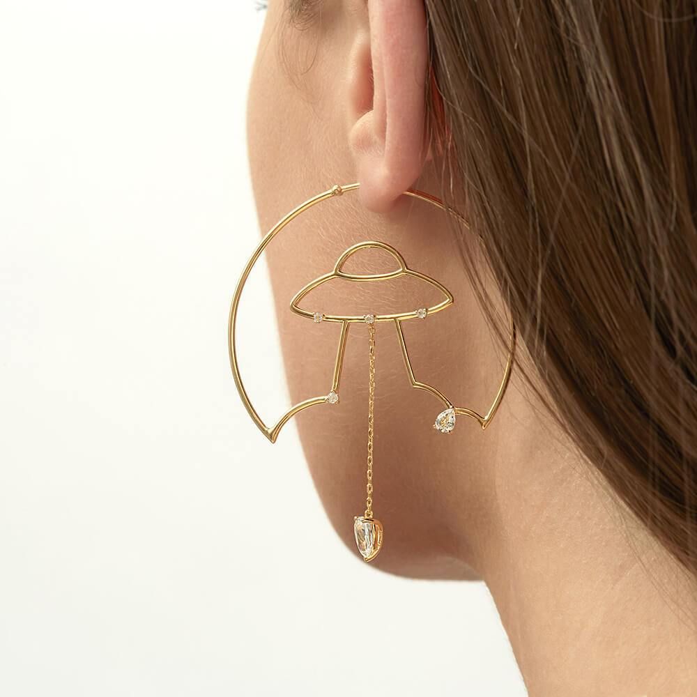 Cosmo Spaceship 18K Gold Plated Hoops w. Zirconia