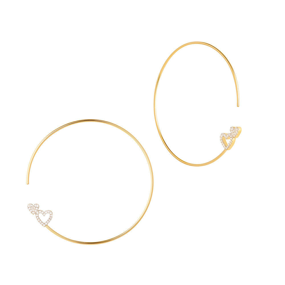 Modern Words Fine Double Heart 18K Gold Hoops w. Diamond