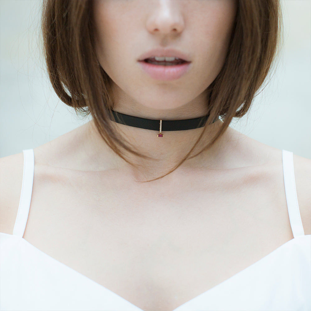 PREMIERE MWAH Diamond Choker 18K Gold Necklace w. Diamond & Ruby