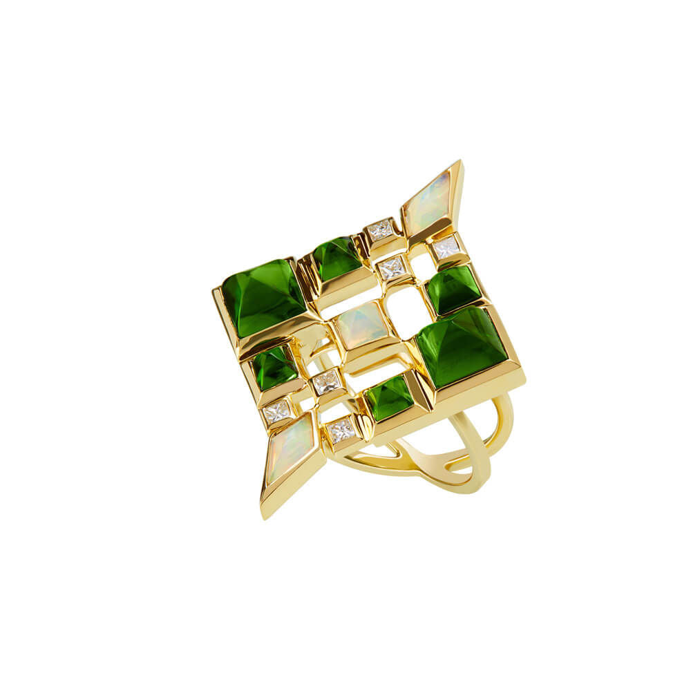 SPECTRUM Andante 18K Guld Ring m. Chrome diopside, Opal & Diamant