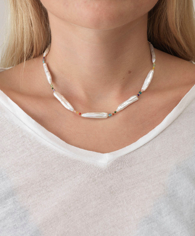 Rock & Sea Forgyldt Halskæde m. Hvide Glasperler & Ædelsten