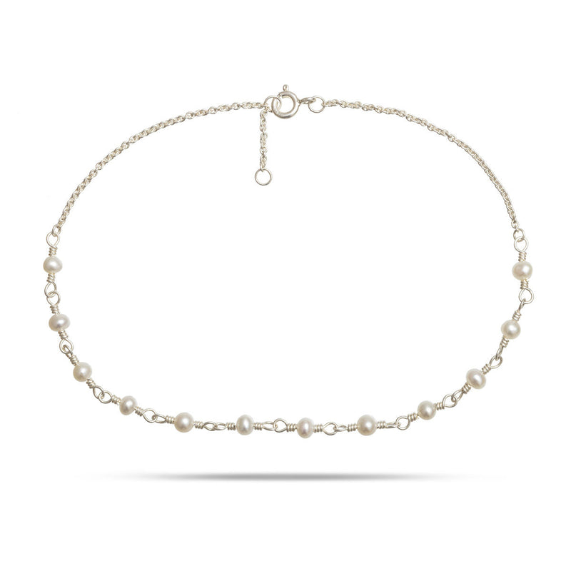 White Silver Anklet w. Pearls