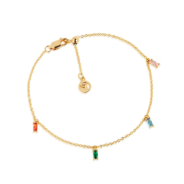Princess Ankle Chain Gold Plated Anklet w. Orange, Green, Blue & Pink Zirconias