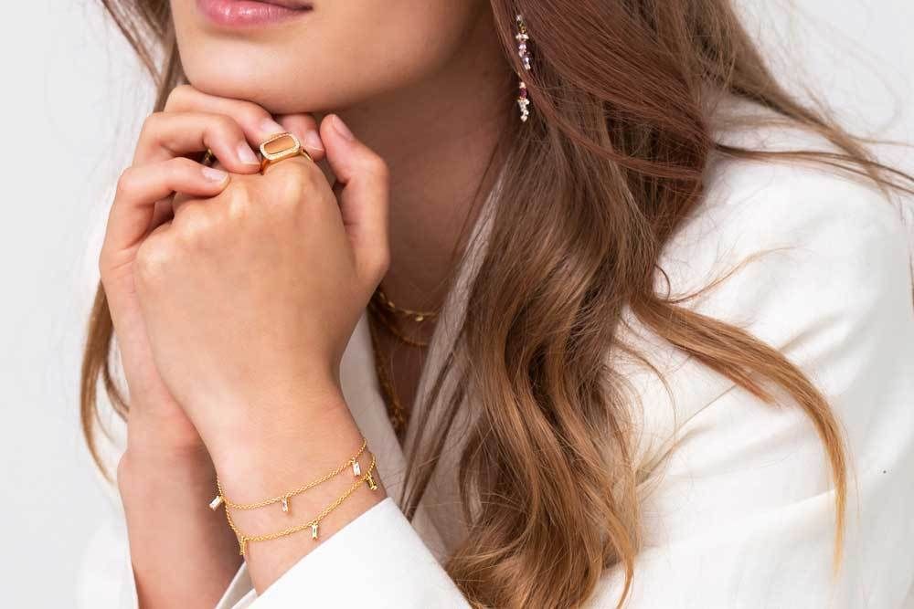 Princess Baquette Gold Plated Bracelet w. Pink, Blue, Green & Orange Zirconias