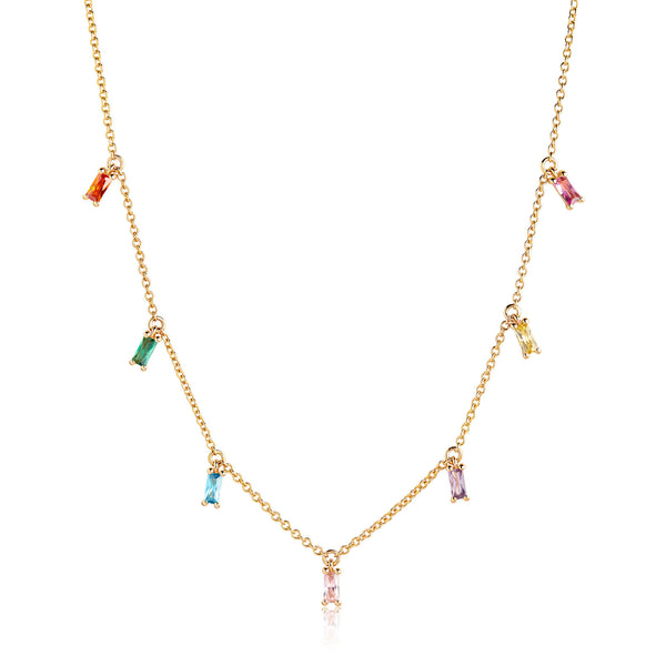 Princess Baquette Gold Plated Necklace w. Pink, Blue, Green, Orange & Purple Zirconias