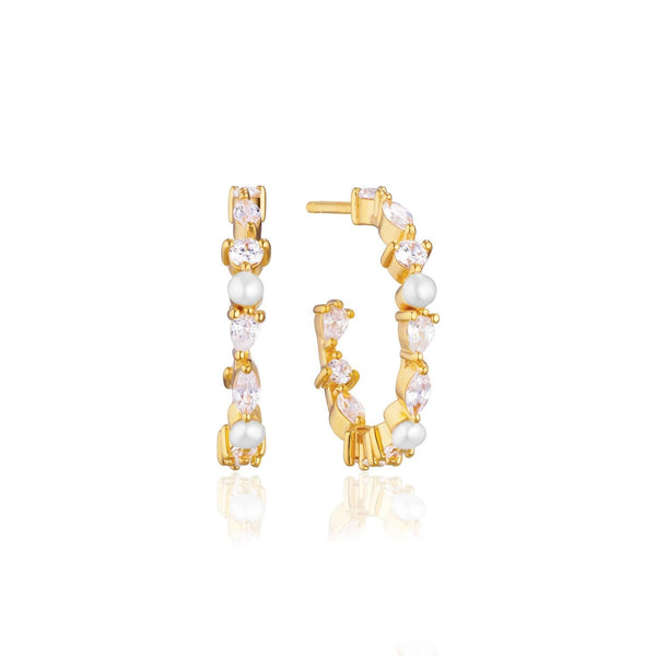 Adria Creolo Medio Gold Plated Hoops w. White Zirconias & Pearls