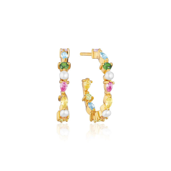 Adria Coloured Creolo Medio Gold Plated Hoops w. White & Mixed colours Zirconias & Pearls