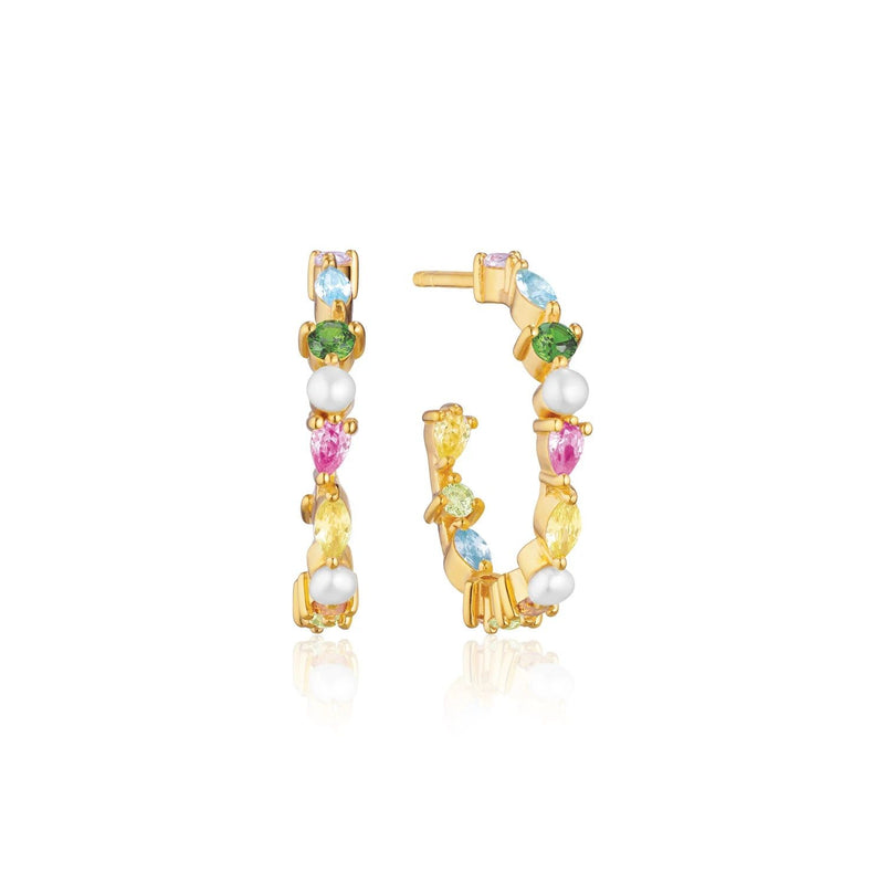 Adria Coloured Creolo Medio Gold Plated Hoops w. White & Mixed colours Zirconias & Pearls