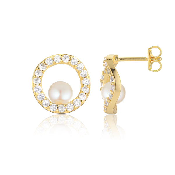 Ponza Circolo 18K Gold Plated Earrings w. Zirconias & Pearl