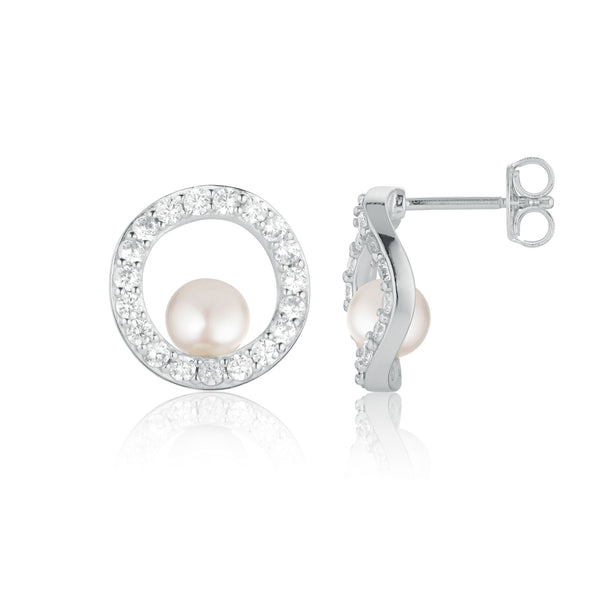 Ponza Circolo Silver Earrings w. Zirconias & Pearl
