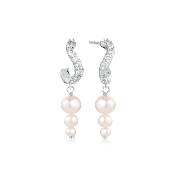 Ponza Lungo Silver Creols w. Zirconias & Pearls