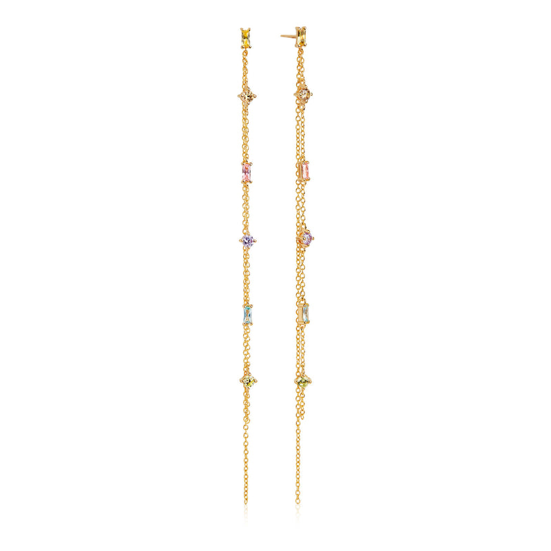Princess Gold Plated Double Chain Earrings w. Green, Blue, Purple & Pink Zirconias