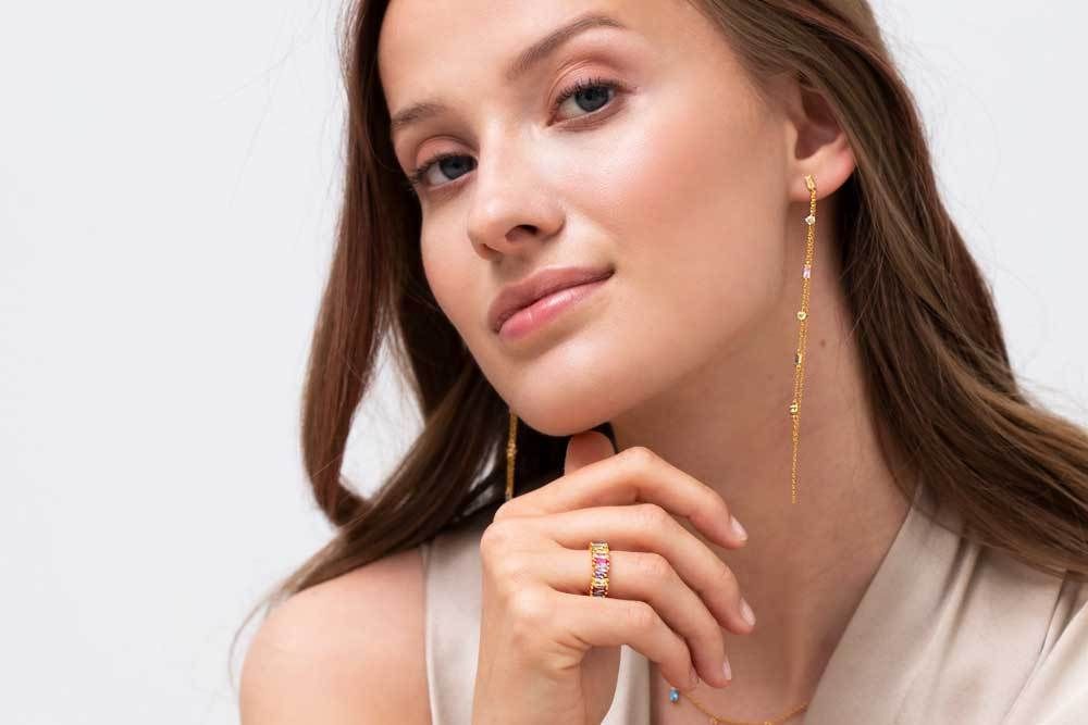 Princess Gold Plated Chain Earrings w. Yellow & Pink Zirconias