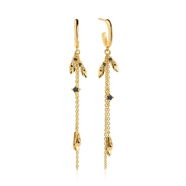 Vulcanello Double Chain Gold Plated Earrings w. Black Zirconias
