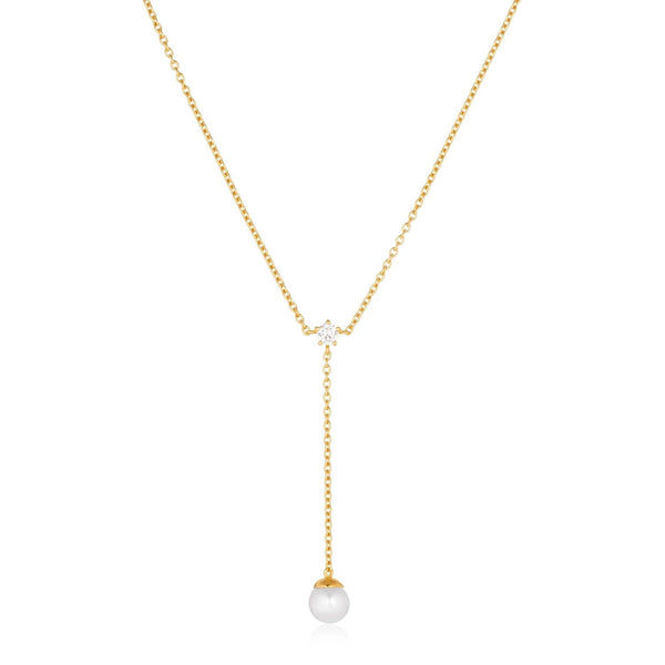 Adria Lungo Gold Plated Necklace w. White Zirconia & Pearl