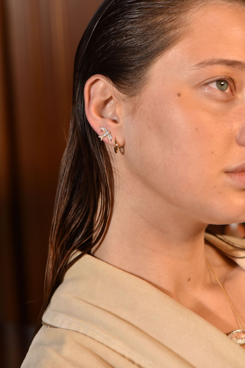 Swallow Bird 14K Gold Studs w. Diamonds