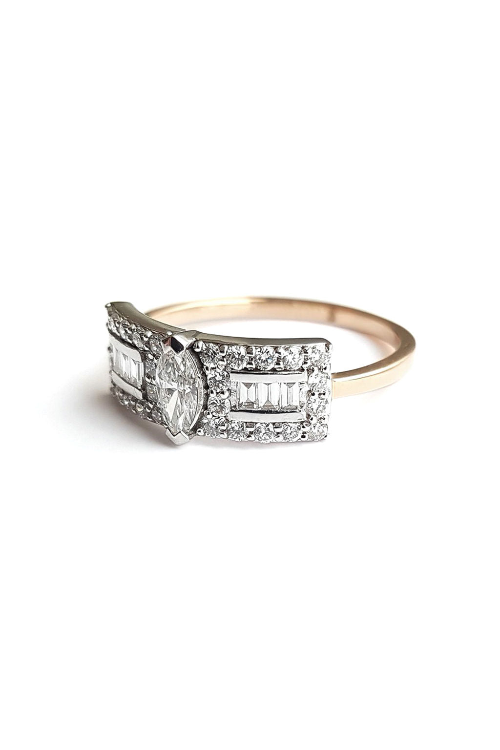 Second Wife Big Marquise 18K Rosegold & Whitegold Ring w. Diamonds