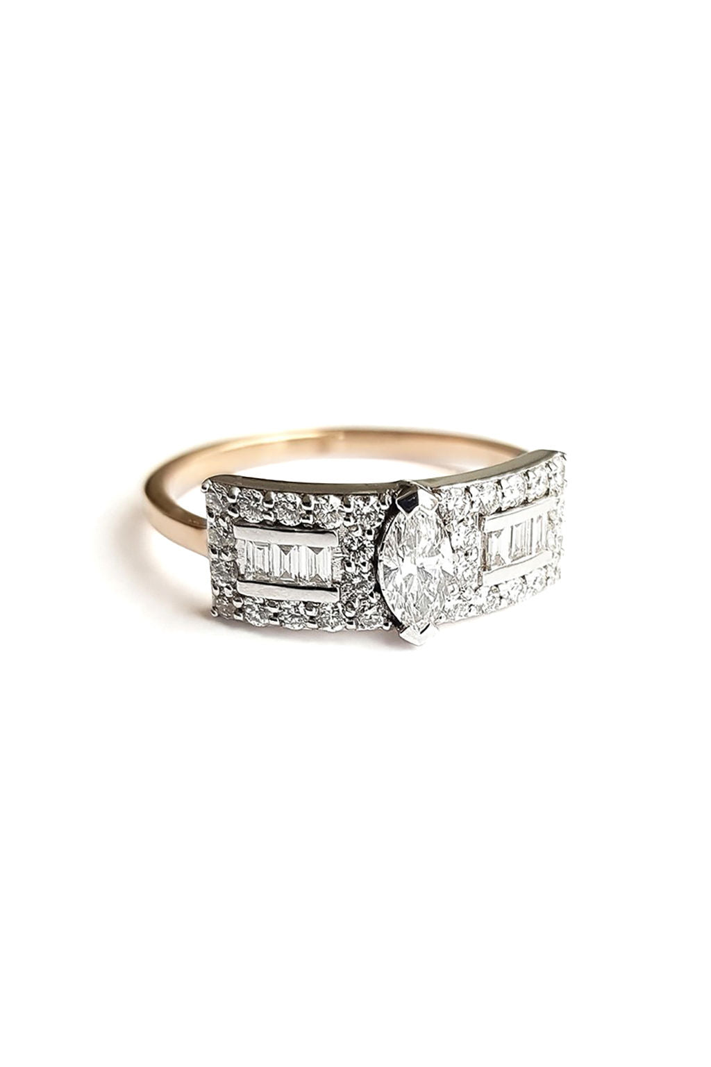 Second Wife Big Marquise 18K Rosegold & Whitegold Ring w. Diamonds