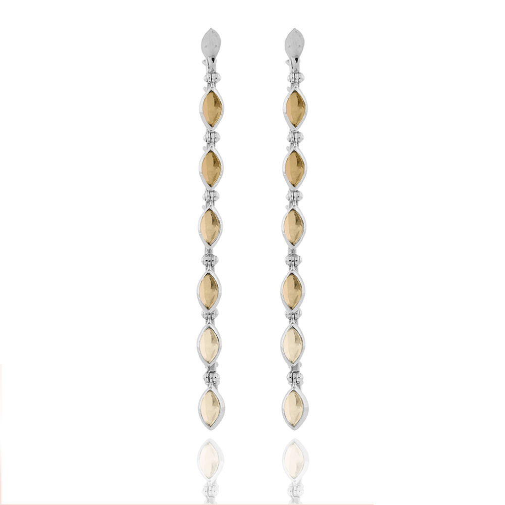 Swinging Long Line 18K Whitegold Earrings w. Chalcedony, Quartz & Citrin