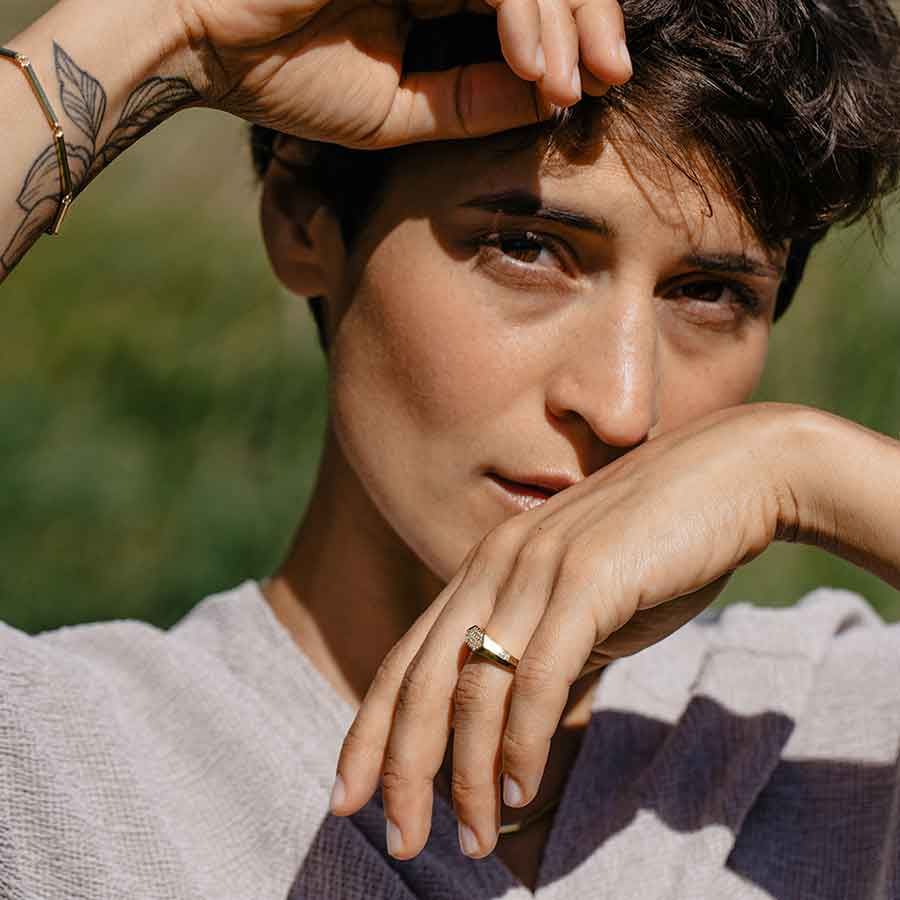 Sunray Signet 18K Guld Ring m. Lab-Grown Diamanter